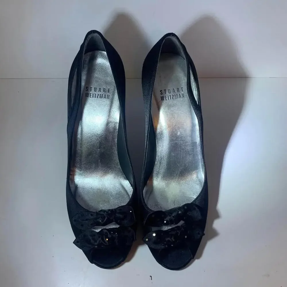 Stuart Weitzman Shoes Black Satin Heels Bows Women's‎ 6.5 - Picture 4 of 6